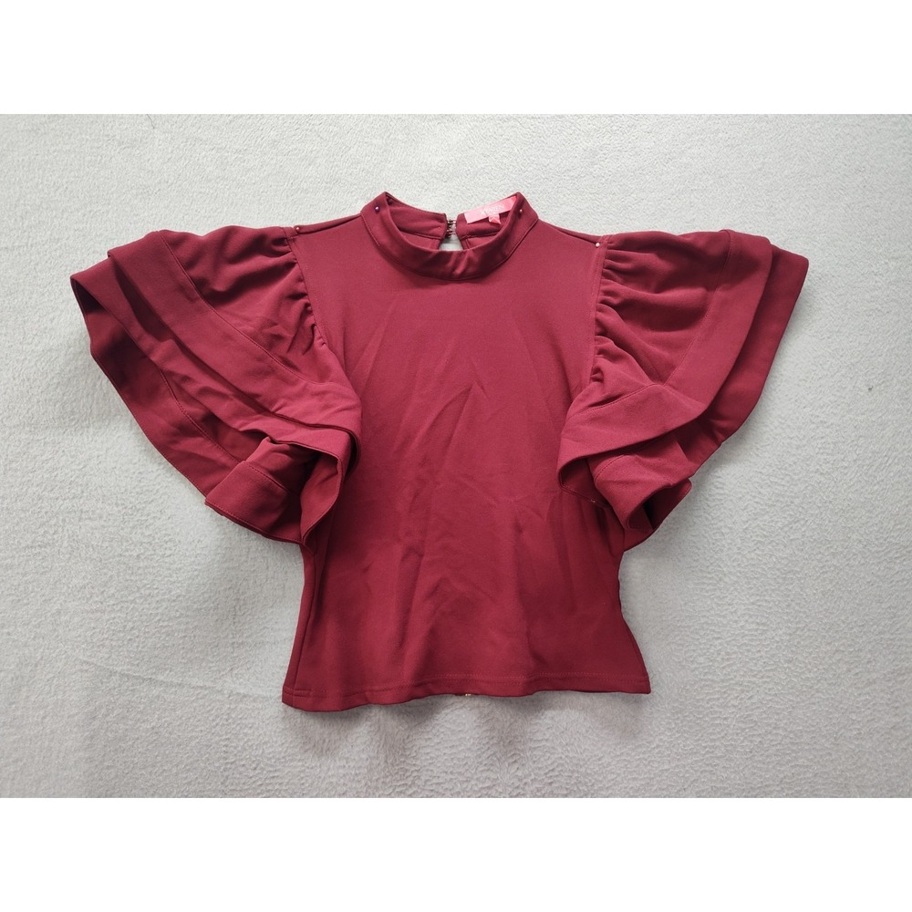 Xtaren Women Tops L Burgundy Tiered Ruffle Butterfly Sleeve Mock Neck
